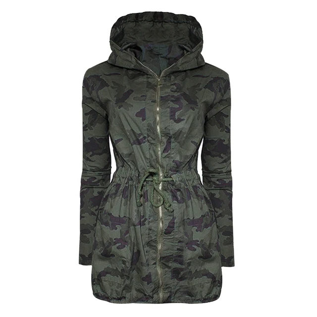 2019 Women Camouflage Long Coat Fashion Drawstring Zipper Slim Hooded