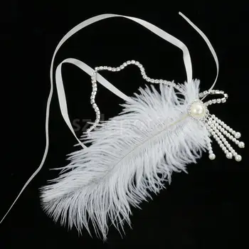 

Bride Gatsby Wedding Party Flapper Feather Pearl Rhinestone Headband Costume