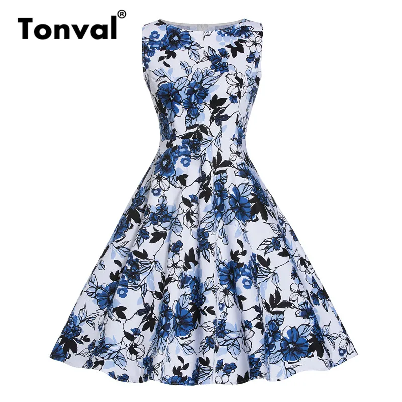 

Tonval Pin Up Style Women Floral Print Summer Dress Sleeveless Cotton Vintage Dress Knee Length A Line Rockabilly Dresses