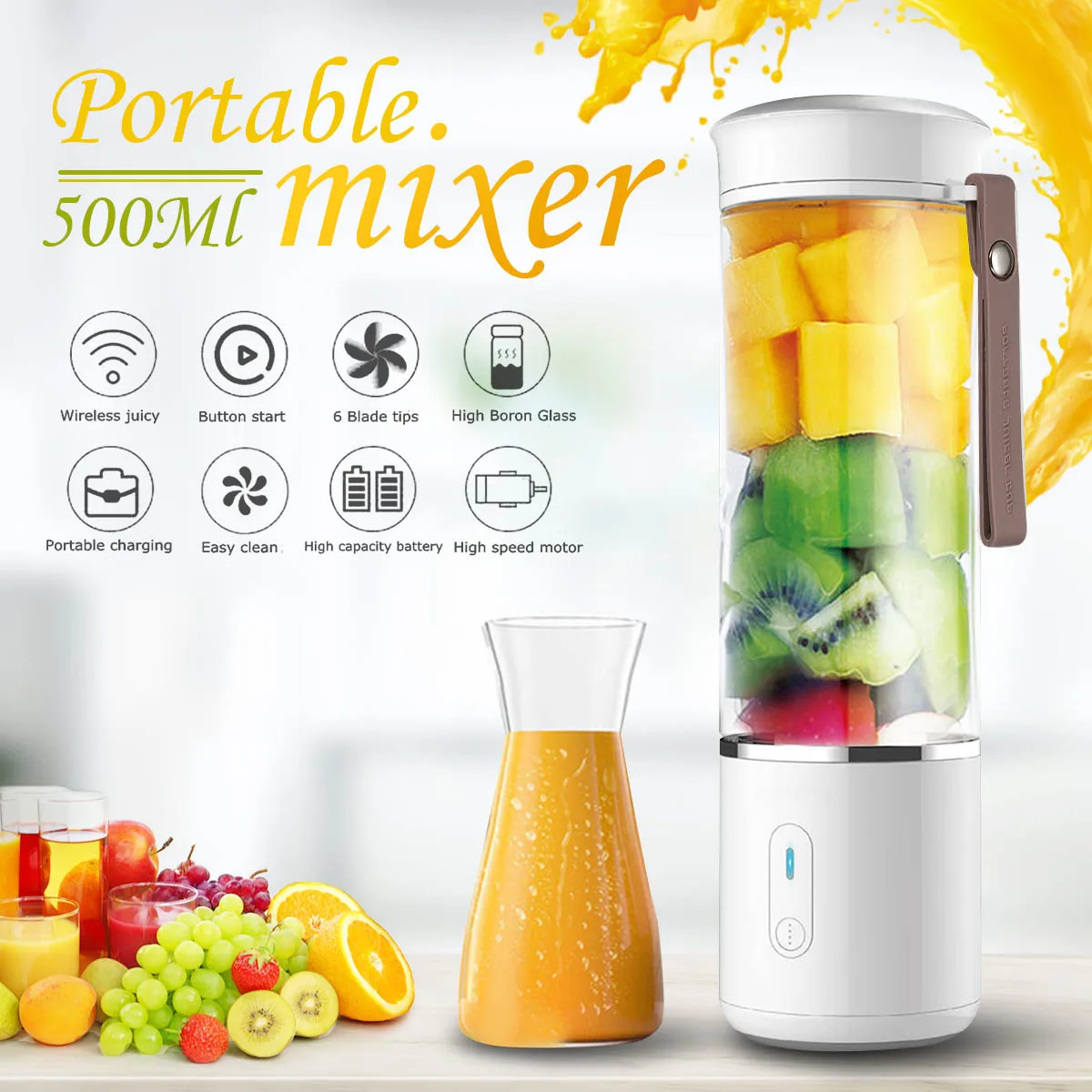 

AUGIENB 500ml Multifunctional Mixer Mini Portable Juicer Smoothie Maker USB Rechargeable 5000mA Sirup Extractor for Home Travel