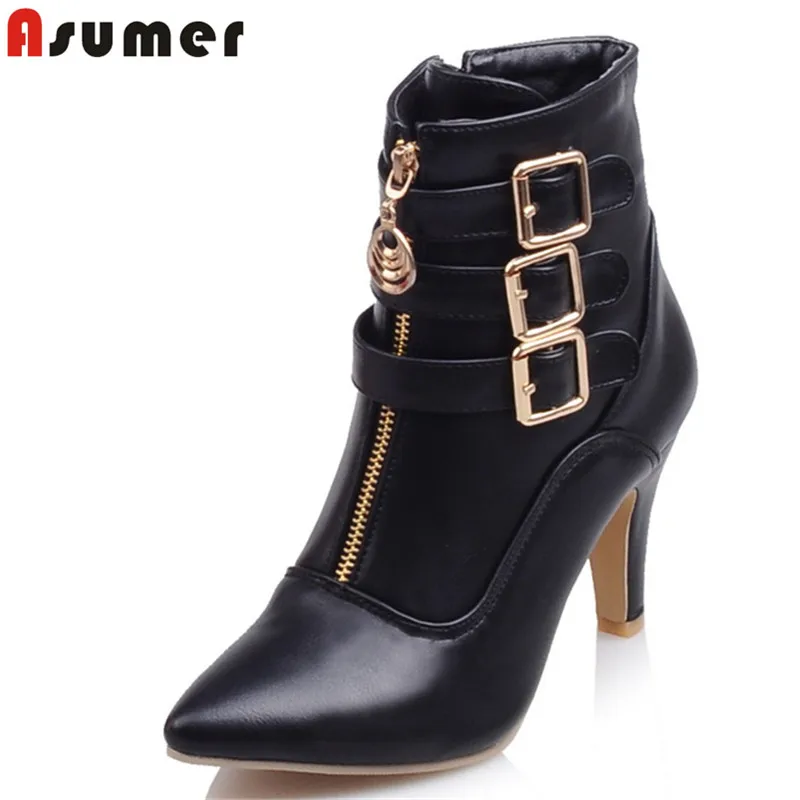 ASUMER Size 34-45 New 2018 Women boots high heels pu leather ankle boots for women shoes with buckle pointed toe martin boots ASUMER Size 34-45 New 2018 Women boots high heels pu leather ankle boots for women shoes with buckle pointed toe martin boots