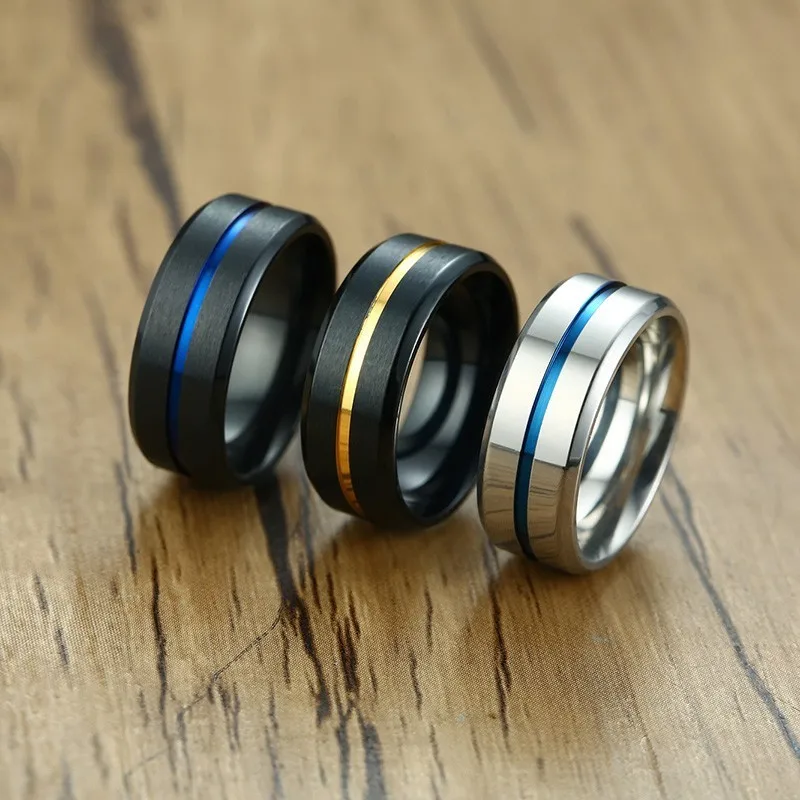 

Basic 8MM Wedding Bands Rings for Men Matte Finished Stainless Steel Gold and Blue Thin Line masculino anel Gifts for Him