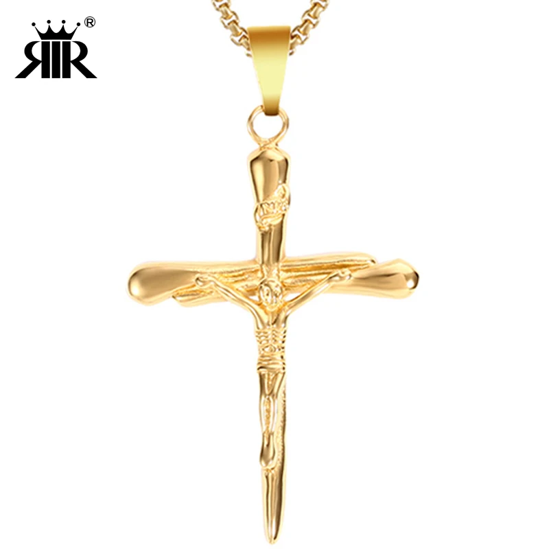 

RIR High Polished Stainless Steel Vintage Classic Crucifix Cross Gold Jesus Cross Pendant Religious Cross Necklace with Jesus