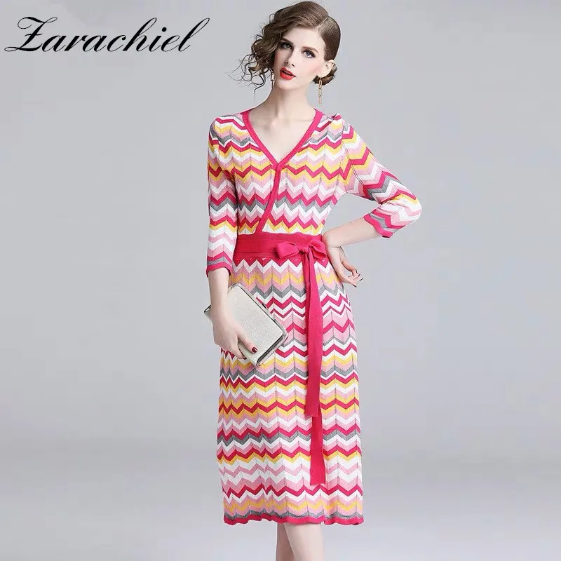 

Runway Rainbow Wave Striped Sweater Dress 2019 Spring Women V Neck Three Quarter Sleeve Knitted Long Party Dresses With Belt