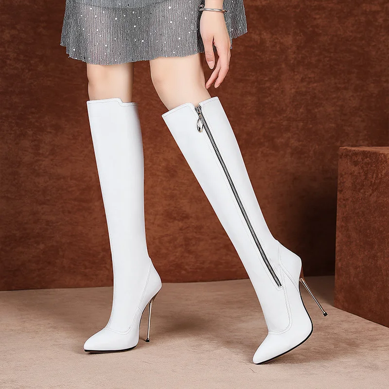 

Autumn and winter models white boots ladies fine with high pointed leather