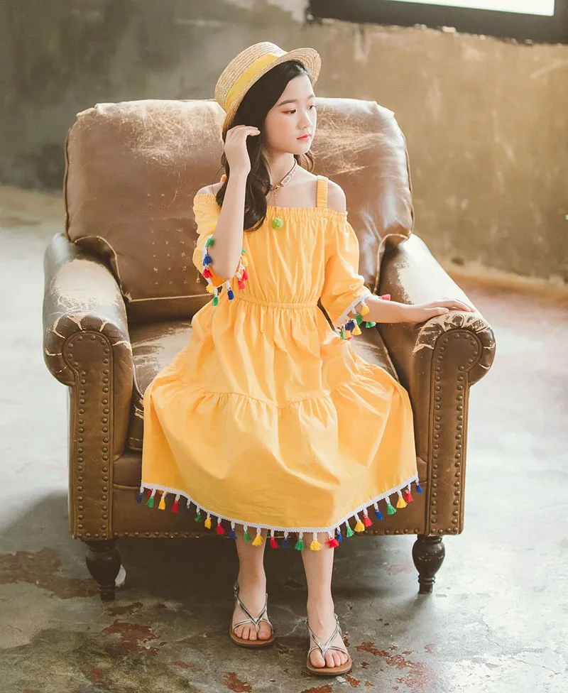 Платье с кисточками для девочек-подростков; детская праздничная одежда; платье принцессы для девочек; хлопок; летние пляжные платья; длинное платье белого и желтого цвета;