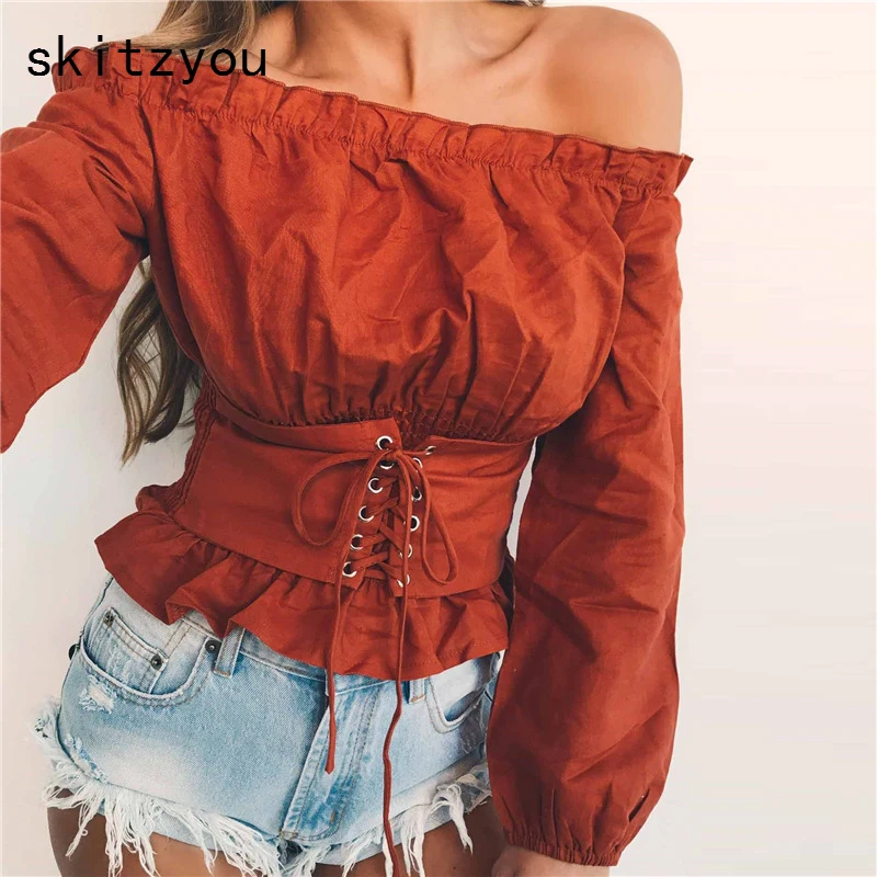 skitzyou Autumn font b Women b font font b Clothing b font Off Shoulder T Shirts