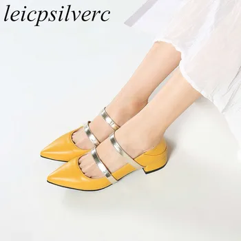 

Women Pumps Mary Janes Shoes Med Heel Pu Pointed Toe Slip on 2018 Autumn New Sexy Fashion Sweet Casual Office Black Beige Yellow