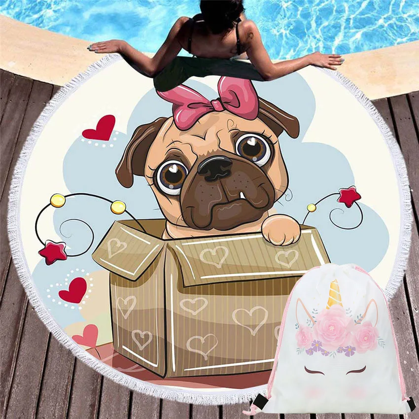 

Cartoon Animals Dogs Cats 150cm Round Beach Towels Yoga Mat Seaside With Drawstring Backpack Bag Bikini Cover Up Wall Tapestry