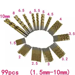 99 шт. титановый HSS сверла с покрытием 1,5 мм-10 мм HSS высокая скорость сталь Сверло Набор для Электрическая дрель инструменты DIY