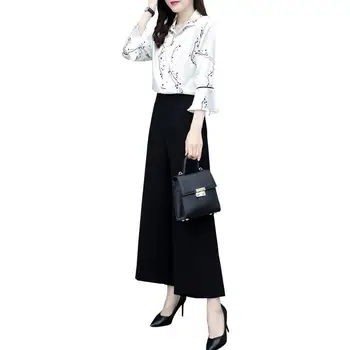 

2019 Spring Summer Women Floral Print V-Neck Flare Sleeve Tops With Casual Wide Leg Pants 2pcs Female Fashion 2 Pieces Sets J77