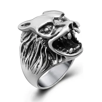 

Fashion 925 Silver Plated Stainless Steel Engraved Wolf Vintage Old Ring Look Silver Tone Wolf Head Brand Men's Ring Jewelry