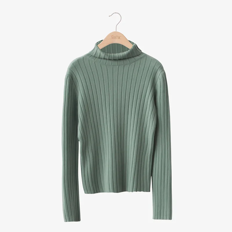 Women Turtleneck Sweater Rib Knitted High Neck Top Solid