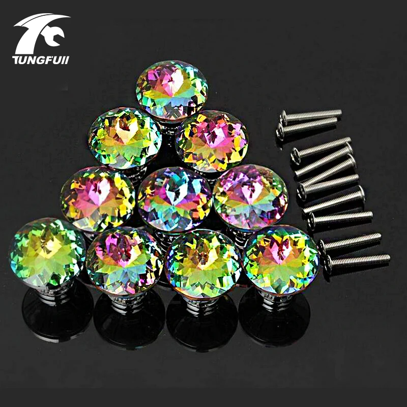 10pcs Door Knobs Crystal Shape Colorful Drawer Cupboard Wardrobe Diamond Glass Alloy Cabinet Furniture Handle Pull 30mm