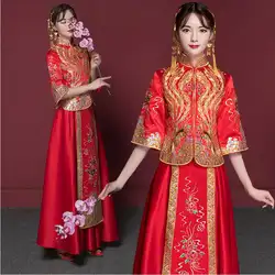 Китай невесты Qipao 2018 Новый стенд воротник Cheongsam Длинные Ретро элегантные Cheongsam красный китайский традиционный торжественное платье