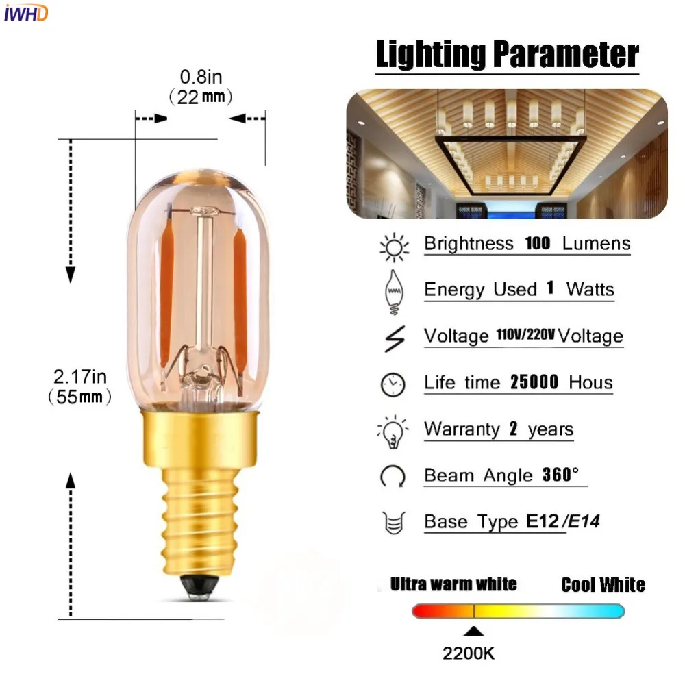 IWHD T22 затемнения светодиодный лампочка эдисона E14 1 Вт Светодиодный нити Lampara Винтаж подвесной светильник в стиле ретро промышленных украшение Bombilla ампулы - Цвет: 1W