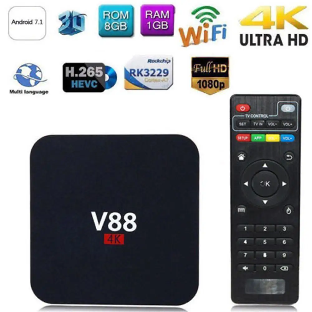 V88 Android Box KD 18,0 ОС Android 7,1 1 ГБ ОЗУ 8 Гб RK3229 четырехъядерный 1080P WiFi HDMI смарт-бокс медиаплеер