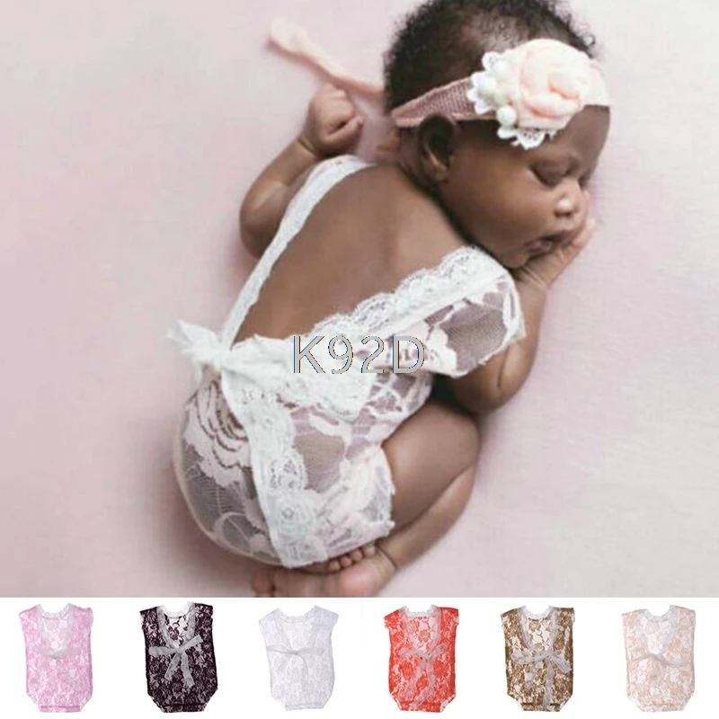 

Newborn Baby Girls Lace Deep-V Backless Romper Jumpsuits Photography Prop Outfit N12