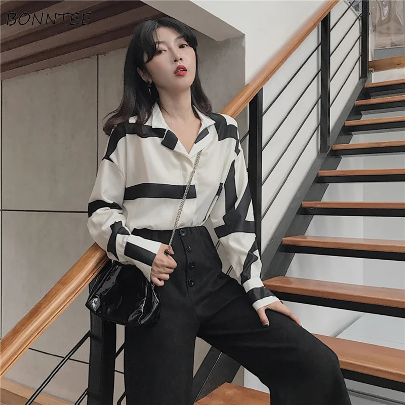 

Shirts Women 2019 Retro Classic Elegant Leisure Striped Printed Notched Collar Womens Shirt Korean Style Long Sleeve Females
