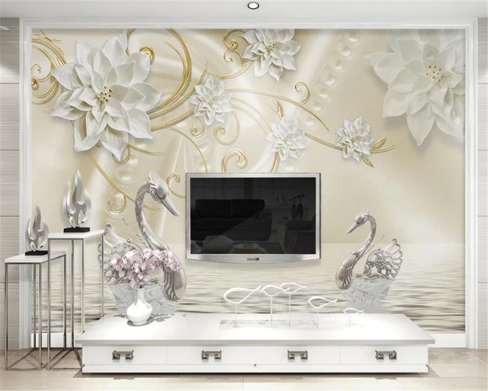Beibehangカスタム壁紙リビングルームのベッドルーム壁画豪華な白レリーフの花クリスタル白鳥3dテレビの壁の背景壁紙 Custom Wallpaper Background Wallpaperbedroom Mural Aliexpress
