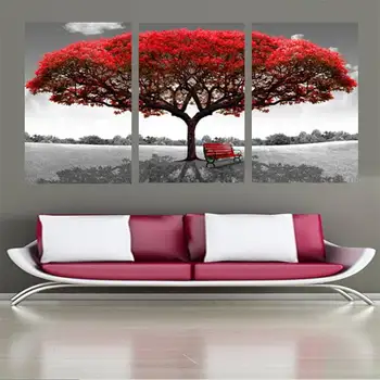 

Canvas Painting Modular Framework Picture Wall Art Home Decoration 3 Panel Red Tree For Living Room Modern Printing Type