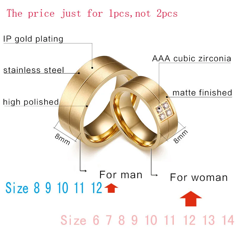 Alliance Ring for Women Men Gold Color Matte Stainless Steel Wedding Ring Lover Zirconia Couple Engagement Wedding Band Jewelry
