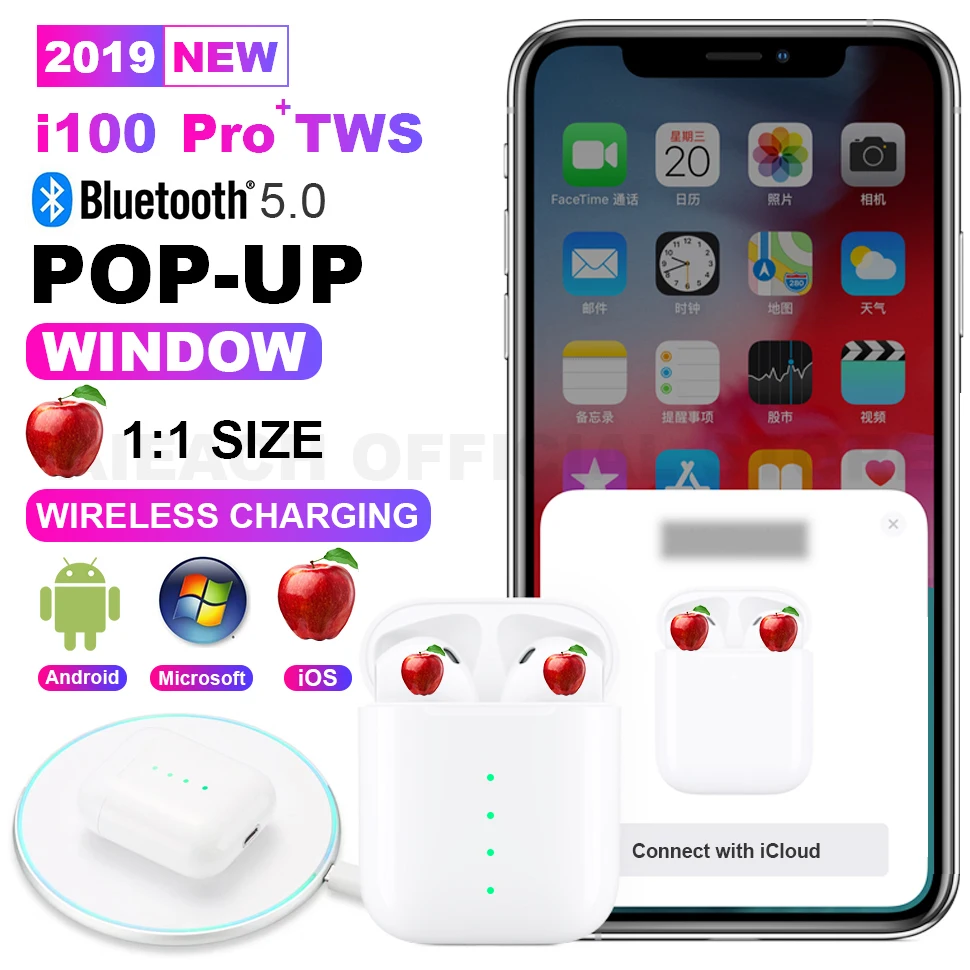 

i100Pro TWS Pop-up 1:1 Replica Original Air2 Wireless Charging Bluetooth 5.0 Earphone PK w1 chip i30 i60 i80 i200 Tws For iPhone