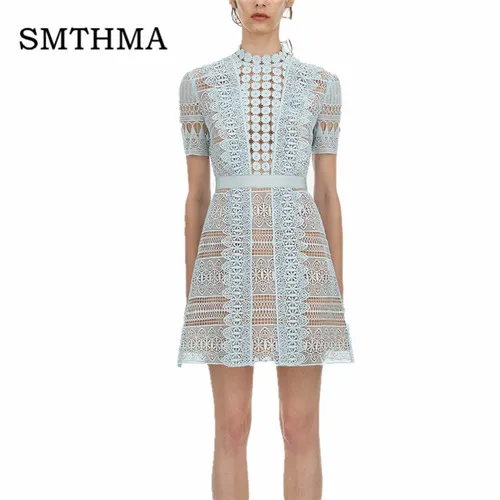 

SMTHMA 2019 New Fashion Runway Dress Women Self-portait Flowers Hollow Out Lace Dress Short Sleeve Summer Dresses Vestidos