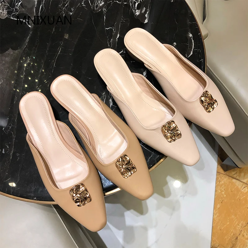 

MNIXUAN 2019 spring Handmade Leisure women shoes pump low heels outside mules sheepskin square toe slipper sandals big size34-43