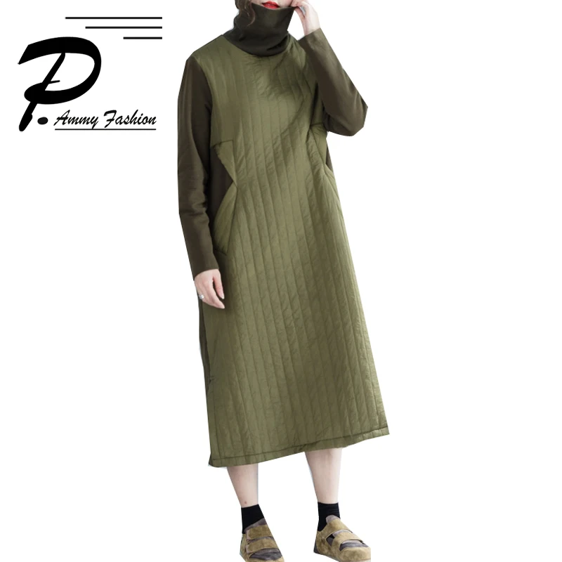 

2018 Winter Turtleneck Mid-Long Dress Fall Winter Trend Plus Size Patchwork Long Sleeves Pocket Loose Warm Tunic Dress pullover
