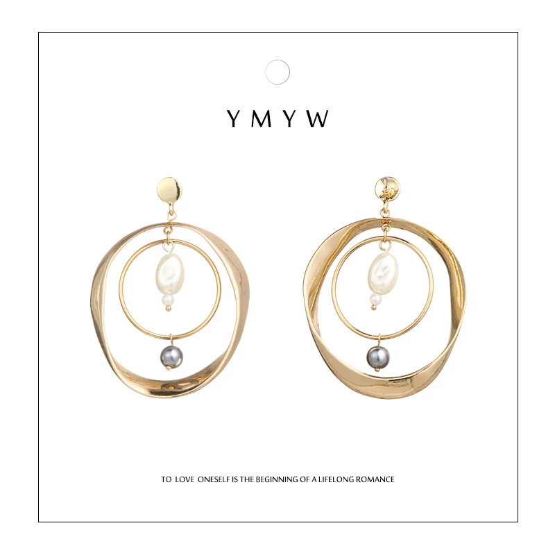 

YMYW New Arrival Stylish Double Round Statement Dangle Drop Earrings Geometric Imitation Pearl Gold Metal Female Charm Brincos