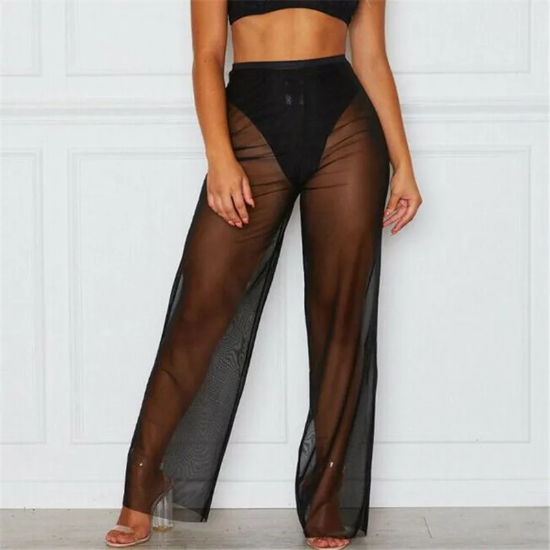 

Sexy Women's Perspective Crochet Sheer Trousers Holiday Beach Wide Leg Bikini Cover Up Pants Beachwear Swimwear
