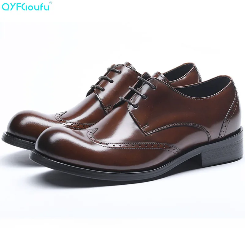 

QYFCIOUFU New Round Toe Genuine Cow Leather Brogue Men Shoes High Quality Oxfords Dress Shoes Black Brown Lace-up Business Shoes
