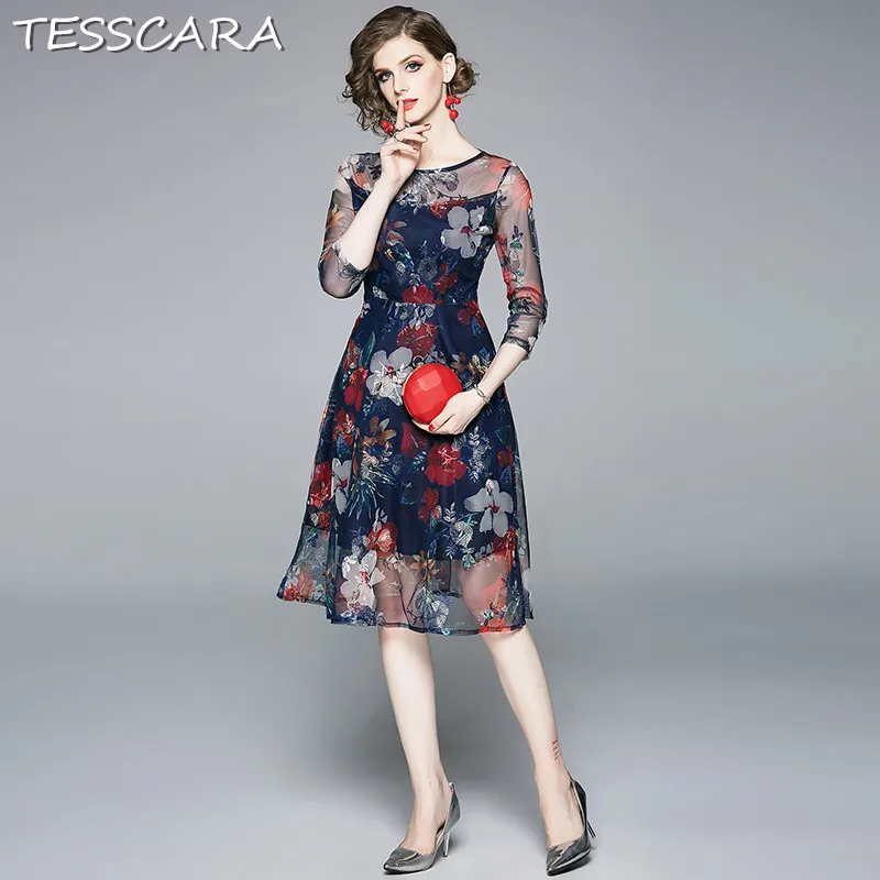 

TESSCARA Women Summer Elegant Embroidery Mesh Dress Festa Female High Quality Long Office Party Robe Femme Designer Vestidos