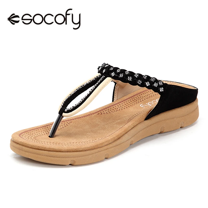 

Socofy Clip Toe T-strap Sandals Women Shoes Summer Bohemian Flip Flops Sandals Beach Crystal Slip On PU Leather Shoes Woman New
