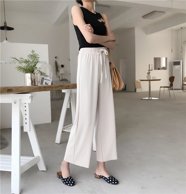 JUJULAND Casual pants Elastic Waist Ankle Length Pants Solid Trouser