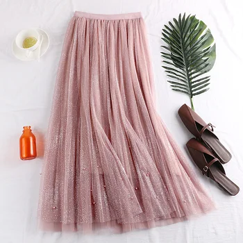 

New High-waist Slender Brilliant Silk Folded Double-layer Mesh Half-length Nail Pearl Skirt Children in A Character