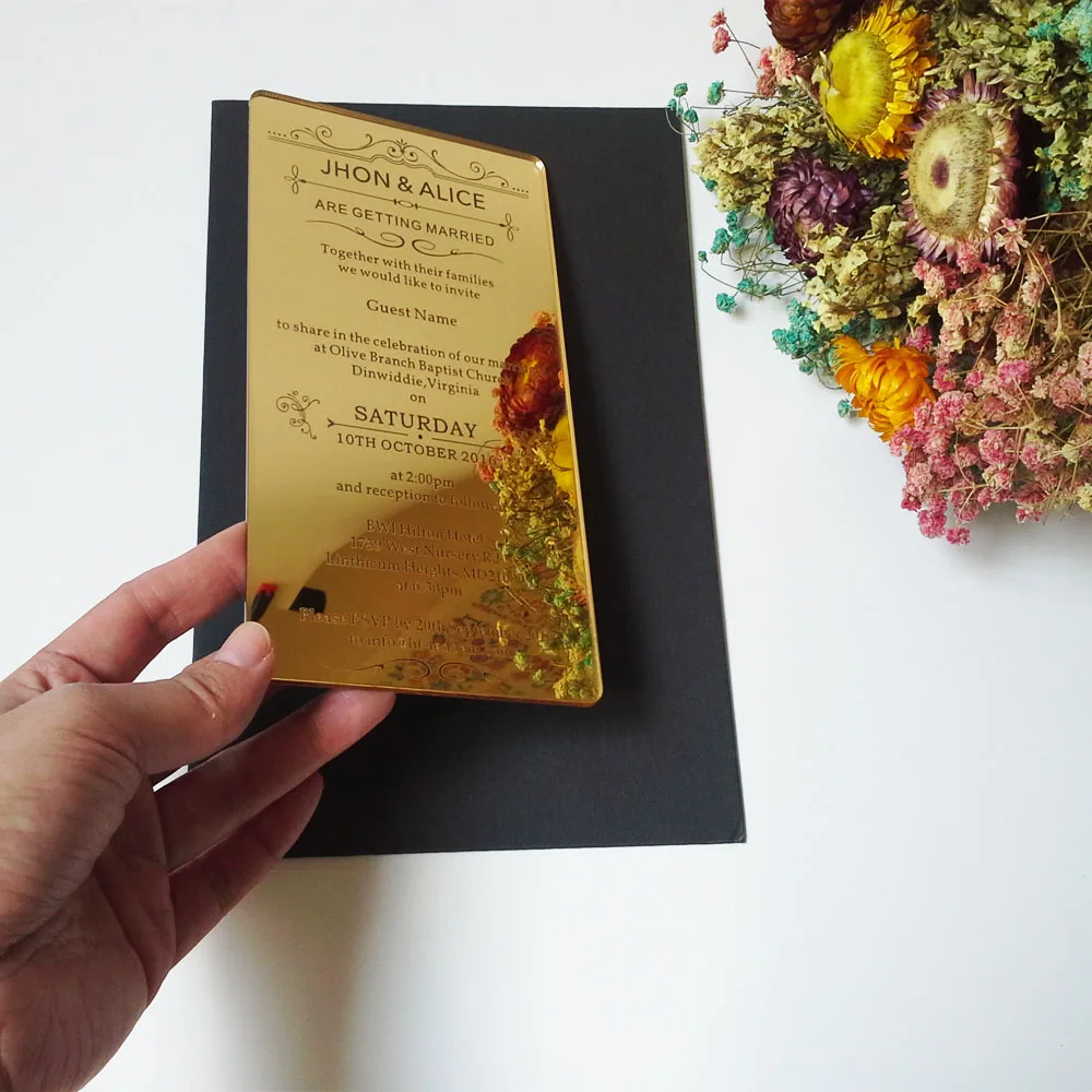  Customized 100*180mm laser engraved letters golden mirror acrylic wedding invitation card (1lot=100 - 32765376566