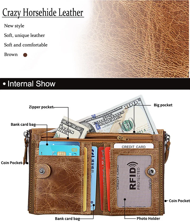 Genuine Crazy Horse Cowhide Leather Men Wallet Short Coin Purse Small Vintage Wallets Anti-RFID Pirate Brush Men Purse (3)