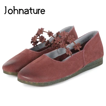 

Johnature 2020 New Spring/Autumn Cow Leather Solid Round Toe Comfortable Casual Retro Soft Shallow Slip-on Flat Women Shoes