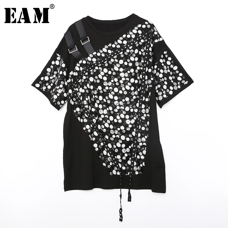 

[EAM] 2019 New Spring Summer Round Neck Three Quarter Sleeve Sequins Split Joint Shining Big Size Ribbon Dress Women Fashion JT1