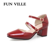 FUN VILLE Sweet Mary Janes shoes for women 2018 Patent leather Women pumps High heels Square toe Wedding Lady Shoes Plus size doratasia 2018 large size 30 47 candy colors square heels mary janes women shoes woman pumps date girls pumps shoes