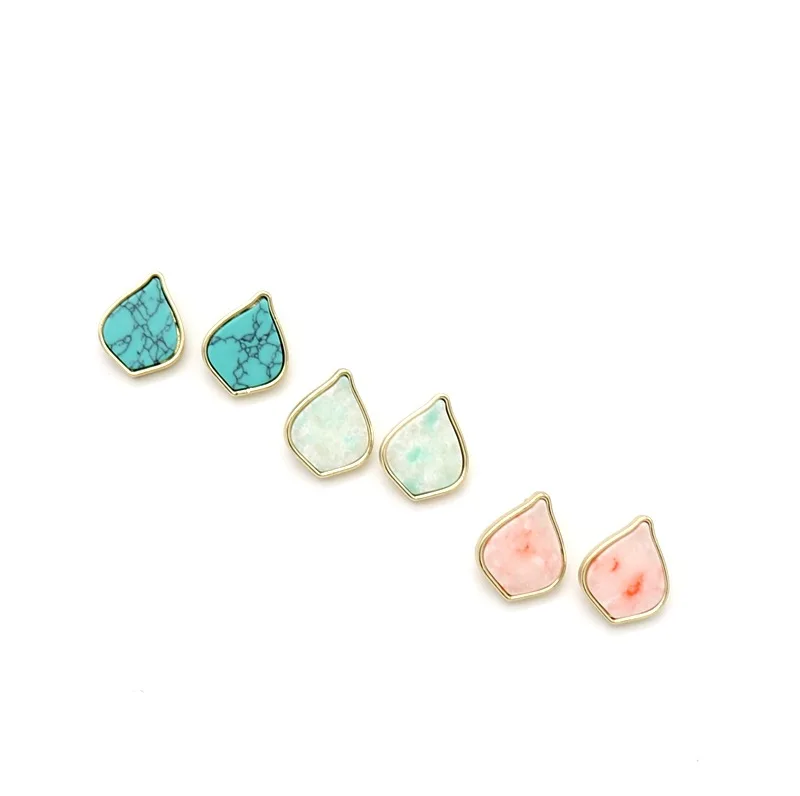 

3Styles Waterdrop Stone kallaite Ear Stud Gold Color Metal Marble Stud Earrings For Women jewelry