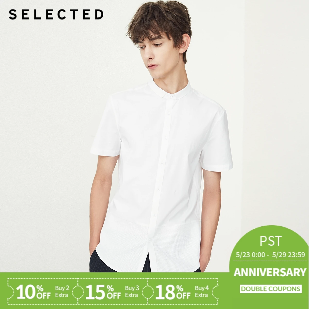 

SELECTED Cotton-blend splicing stand collar short-sleeved shirt S|418204540