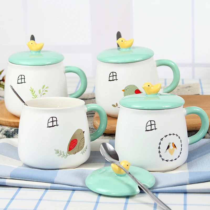 400ml Summer green little fresh bird ceramic mug office couple mug breakfast milk coffee mug with lid spoon Free shipping