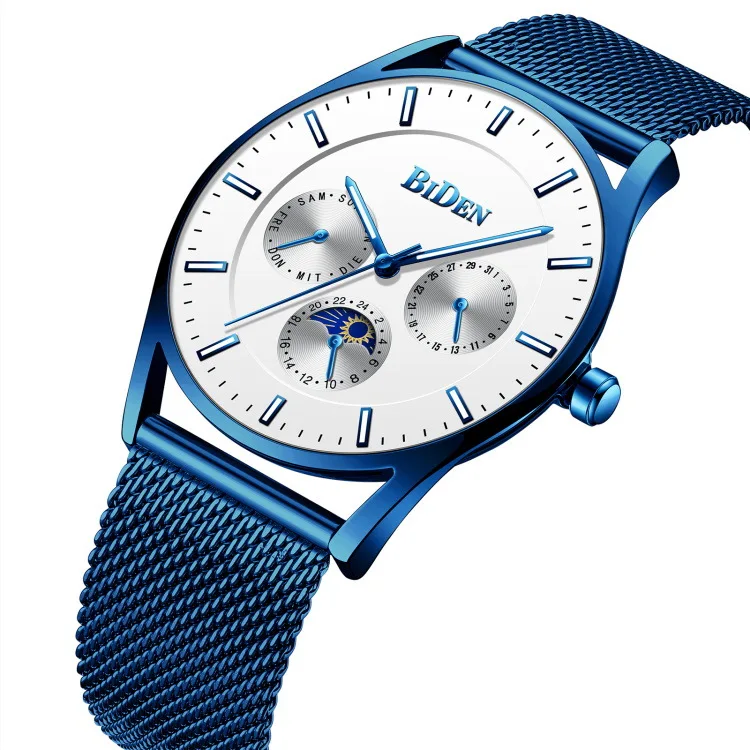 

man watches BIDEN brand mens luxuru blue quartz wristwatches stainless steel watch calendar week male clock Citizen movement