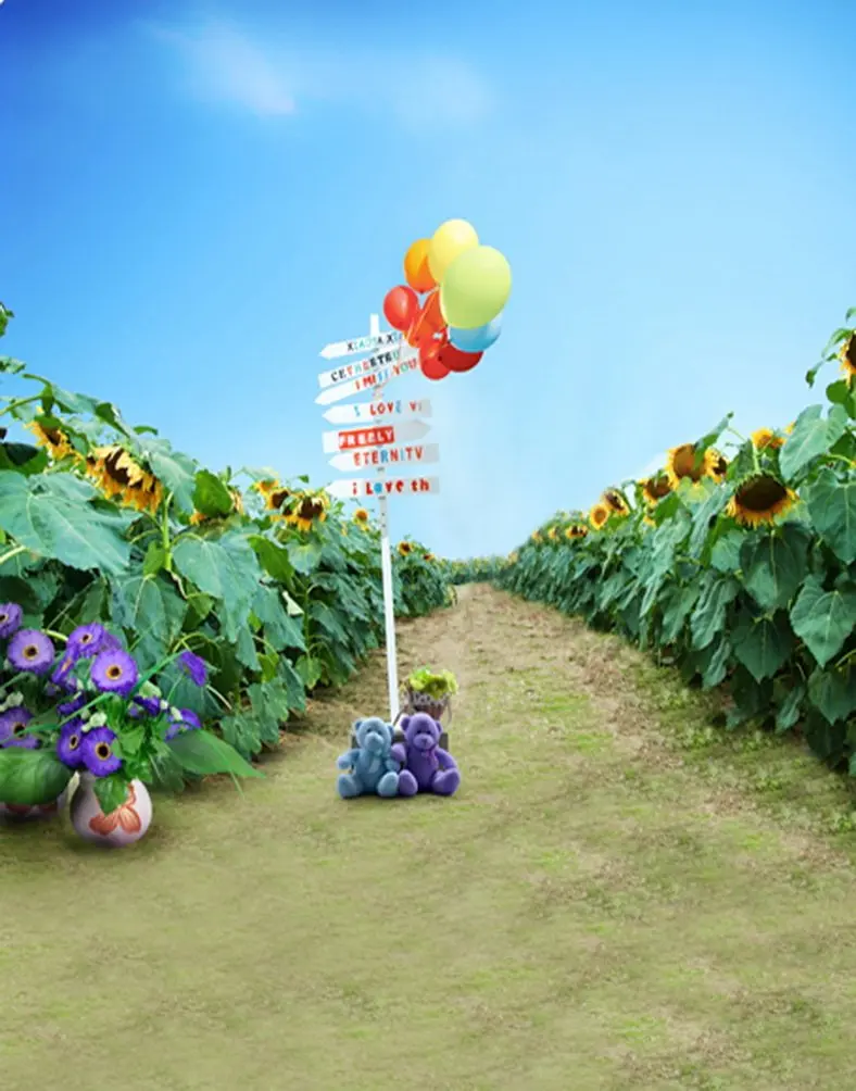 

5x7ft Sunflower Purple Flowers Balloon Cute Bear Photography Backdrops Photo Props Studio Background