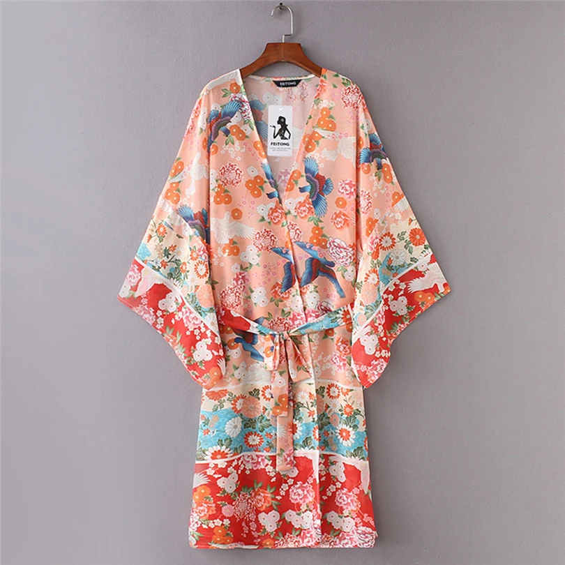 

Feitong Womens Chiffon Shawl Print Kimono Bikini Cover Up Cardigan Blouse Batwing Swimwear beach pareo Custom clothing A30