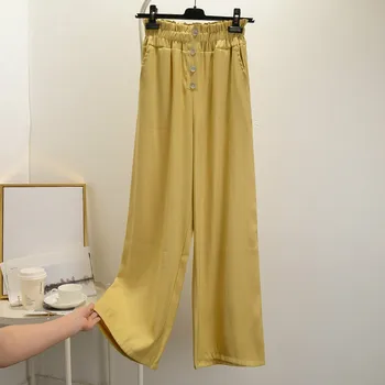 

Girl Summer High Waist Cool Side Button Pants Loose Thin Casual Female Yellow Wide Leg Pants Cute Sweet Woman Tracksuit Trousers