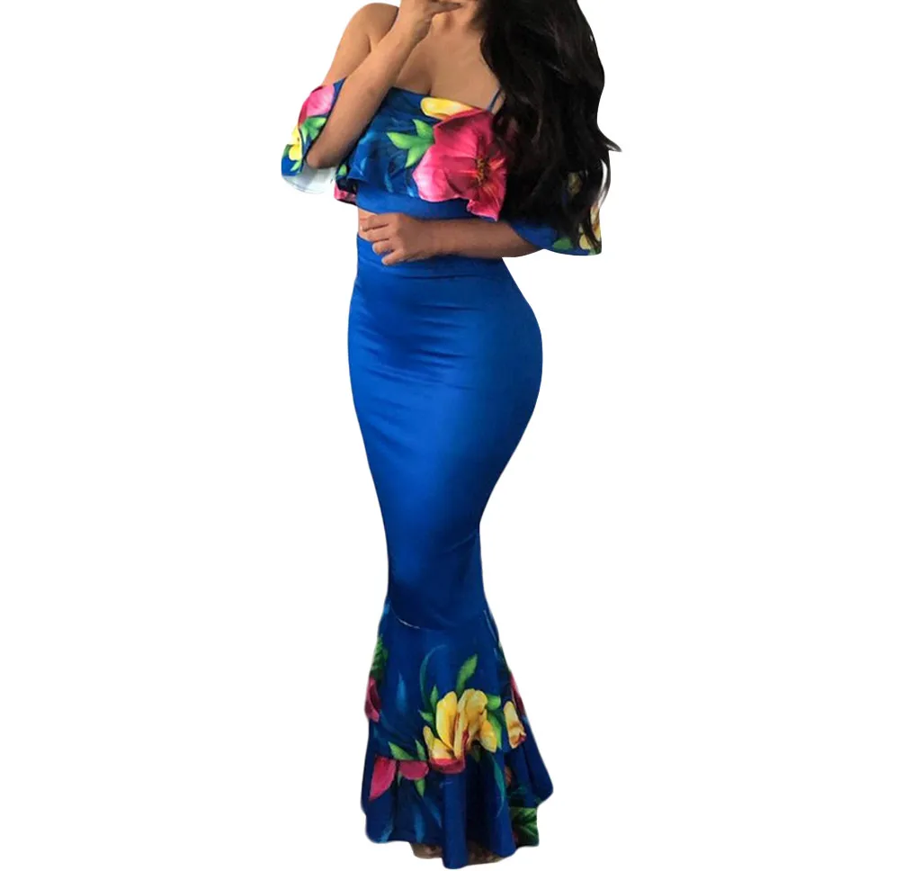 

Vintage Floral Print Fishtail Skirt skinny Two-Piece Suit for Women summer Sexy Floral Ruffled Cold Shoulder Shirts with top